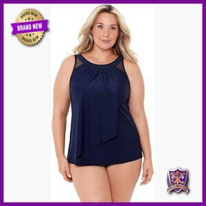 Plus Size Tankini Top High Neck Mesh Underwire Bra Slimming Swimwear